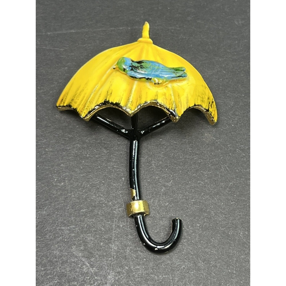Vintage Yellow Umbrella Brooch Pin w/ Blue Bird Enameled ORIGINAL BY ROBERT